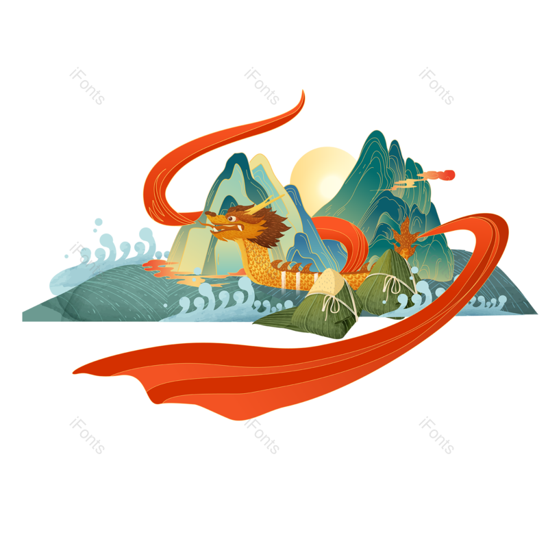 节日图片,丝带元素,传统PNG,山水免抠素材